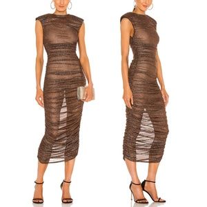 Bronx and Banco Maya Ruched Sheer Mesh Glitter Fitted Midi Dress Brown - S 4